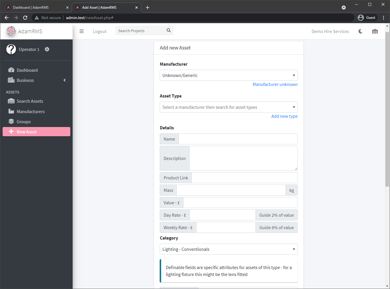 Add new asset type to Demo Hire Services New Asset Type interface