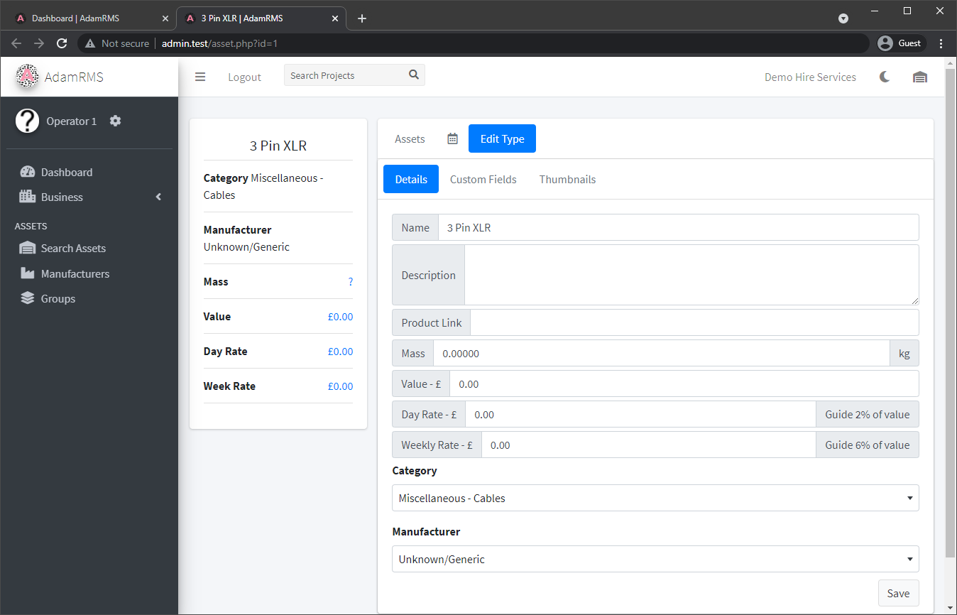 Editing XLR asset type in Demo Hire services Editing asset Type Listing of XLR