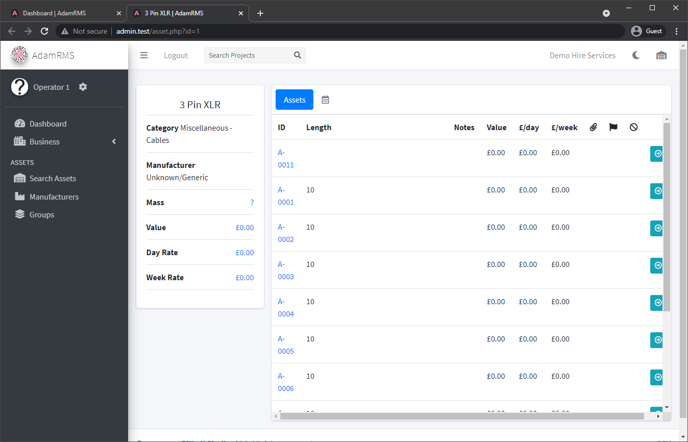 XLR asset type in Demo Hire services Asset Type Listing of XLR