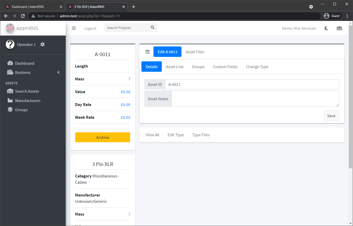 Editing an individual XLR asset in Demo Hire services Editing an individual asset